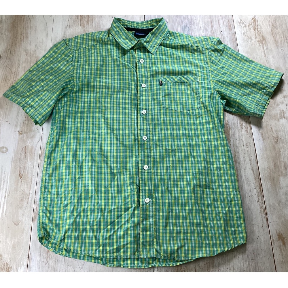 KAVU Mens‎ Short Sleeve Plaid Button Up Shirt Green Yellow Size M